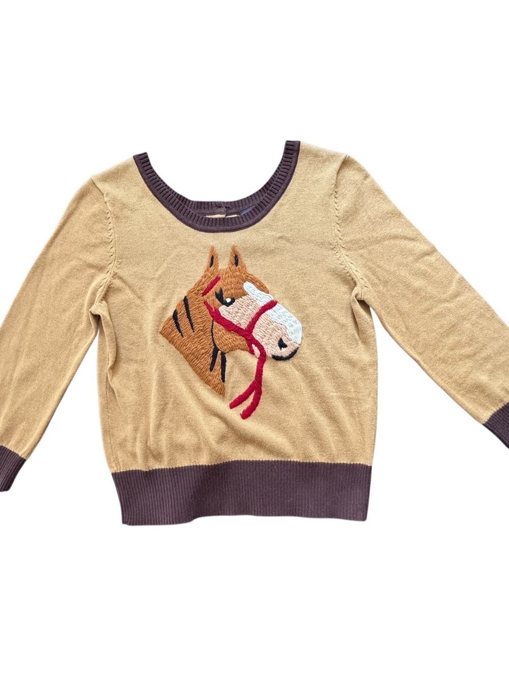 Horse Appliqué Crewneck Sweater in Tan with Brown Trim